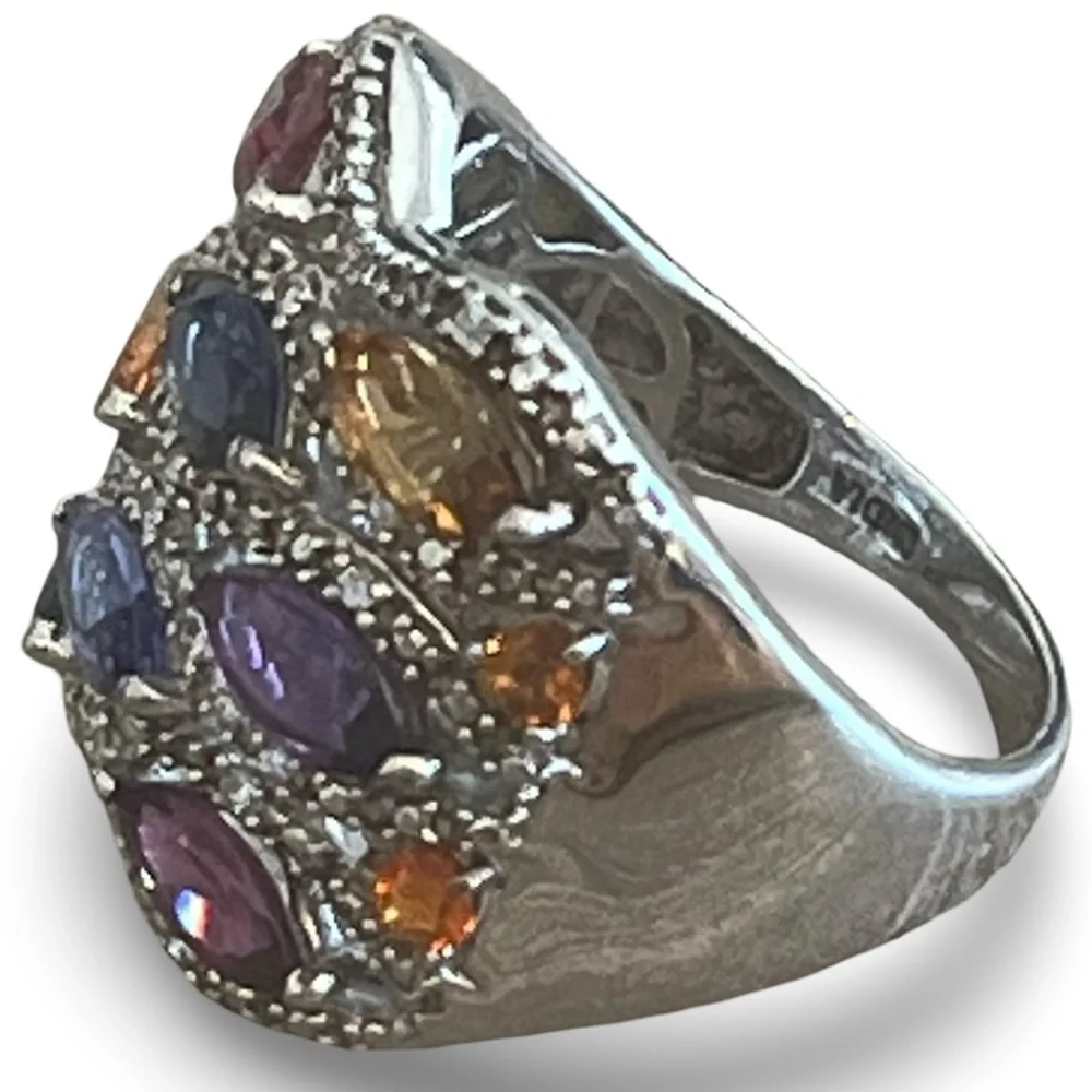 Multi-Color Marquis Cut Gemstone Sterling Silver STS Cocktail Ring Size 8